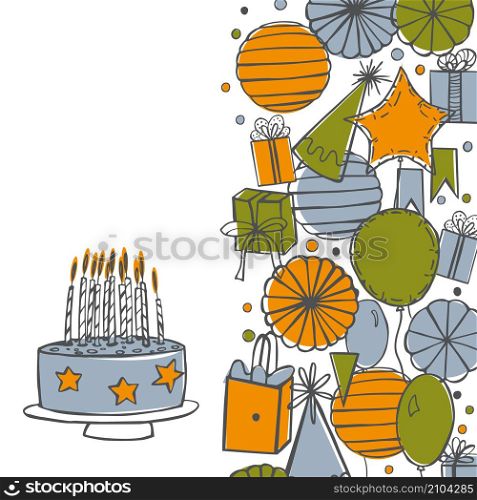 Vector birthday background. Garlands,paper Pom Poms, confetti, gifts, cake, sweets, balloons.. Vector birthday background with gifts, cake, sweets, balloons.