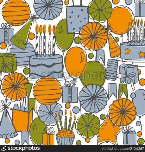 Vector birthday background. Garlands,paper Pom Poms, confetti, gifts, cake, sweets, balloons.. Vector birthday background with gifts, cake, sweets, balloons.