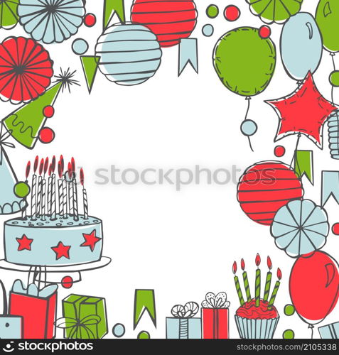 Vector birthday background. Garlands,paper Pom Poms, confetti, gifts, cake, sweets, balloons.