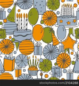 Vector birthday seamless pattern with gifts, cake, sweets, balloons.