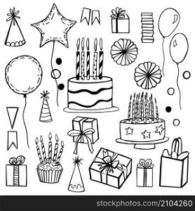 Vector birthday set. Garlands,paper Pom Poms, confetti, gifts, cake, sweets, balloons.. Vector hand drawn birthday set.
