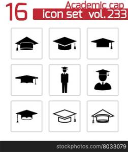 Vector black academic cap icons set on white background. Vector black academic cap icons set