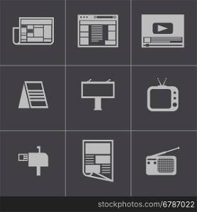 Vector black advertisement icons set on grey background. Vector black advertisement icons set