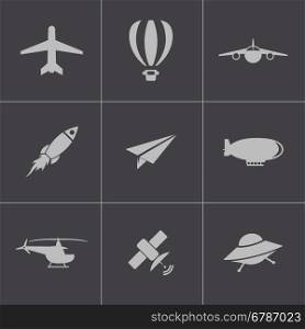 Vector black airplane icons set on grey background. Vector black airplane icons set