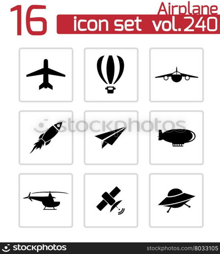 Vector black airplane icons set on white background. Vector black airplane icons set