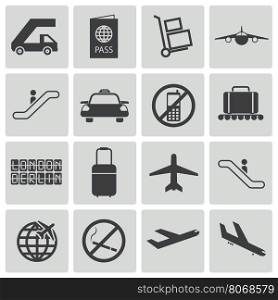 Vector black airport icons set on white background. Vector black airport icons set