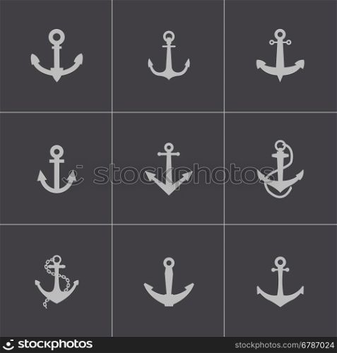 Vector black anchor icons set on grey background. Vector black anchor icons set