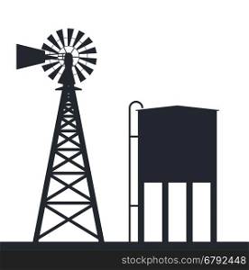 vector black and white background of rural windpump and water tank