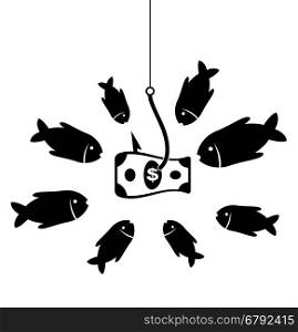 vector black and white business symbol with hook, bait and hungry fishes in temptation to catch a dollar