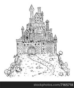 Vector black and white cartoon illustration or drawing of medieval or fantasy castle on hill.. Vector Cartoon Drawing or Illustration of Fantasy or Medieval Castle on Hill.