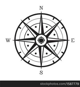 vector black and white compass isolated on white background. maritime map icon. north, south, east and west wind-rose arrow directions. adventure symbol