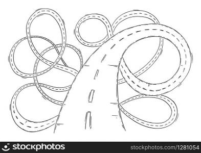 Vector black and white conceptual business drawing or illustration of chaos road, problem or obstacle in way, uncertain direction and difficult choices.. Vector Conceptual Business Illustration or Drawing of Road Chaos, Difficult Choices and Uncertain Direction, Problem and Obstacle in Way