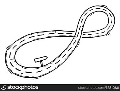 Vector black and white conceptual business drawing or illustration of cyclic road, repetition, endless effort and moving in circle.Infinity sign.. Vector Conceptual Business Illustration or Drawing of Cyclic Road, Moving in Circle, Repetition and Endless Effort