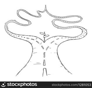 Vector black and white conceptual business drawing or illustration of fork in the road or crossroad,two ways with same destination, no decision or real options to choose from.. Vector Conceptual Business Illustration or Drawing of Crossroad or Fork in the Road, Two Ways with Same Destination, No Options to Choose From