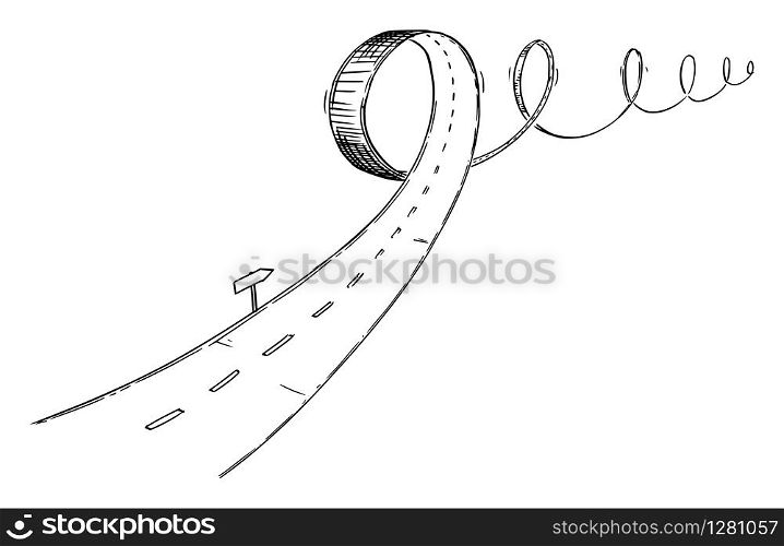 Vector black and white conceptual business drawing or illustration of turbulent road, problem or obstacle in way, uncertain direction and difficult choices.. Vector Conceptual Business Illustration or Drawing of Turbulent Road, Difficult Choices and Uncertain Direction, Problem and Obstacle in Way