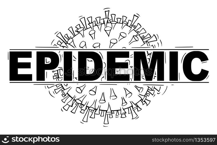 Vector black and white conceptual drawing, illustration or design of coronavirus covid-19 epidemic in logo or header style.. Vector Illustration, Drawing or Design of Coronavirus Covid-19 Epidemic in logo or header style