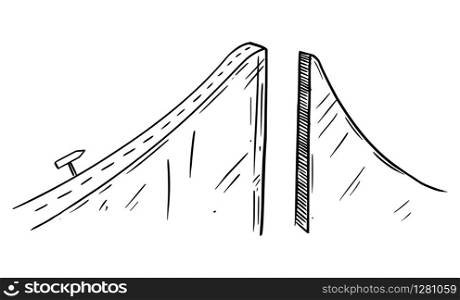 Vector black and white conceptual drawing or illustration of road to success interrupted by chasm or break, business or career concept, obstacle in way forward.. Vector Conceptual Illustration or Drawing of Road to Success Interrupted by Break or Chasm, Obstacle in the Way, Business or Career Concept