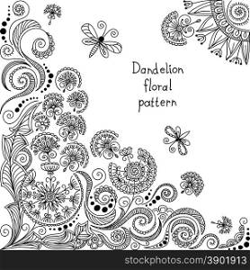 vector black and white dandelion floral pattern of spirals, swirls, doodles