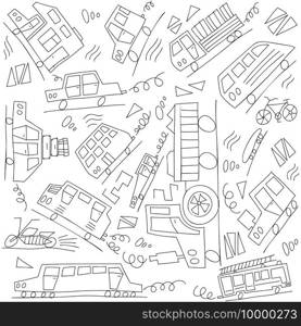 Vector black and white doodle monoline cars. Seamless baby boy pattern monoline. Texture for wallpaper, fills, web page background.. Vector black and white doodle monoline cars. Seamless baby boy pattern monoline. Texture for wallpaper, fills, web page background