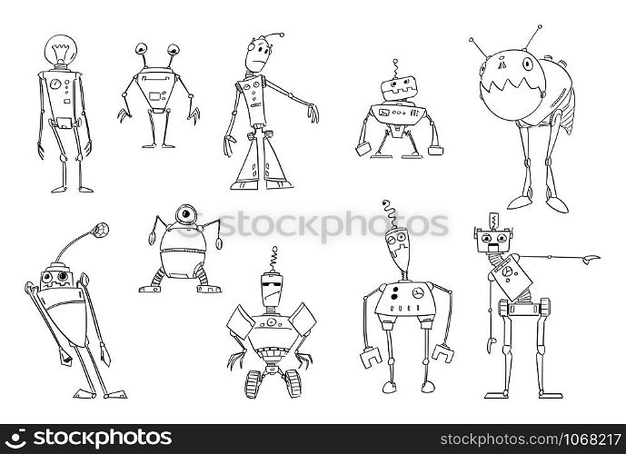 Vector black and white drawing illustration of set of cute funny retro robots design. Coloring book for children.. Vector Drawing Illustration of Set of Funny Cute Retro Robots