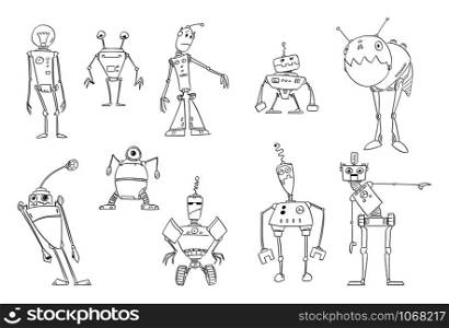 Vector black and white drawing illustration of set of cute funny retro robots design. Coloring book for children.. Vector Drawing Illustration of Set of Funny Cute Retro Robots