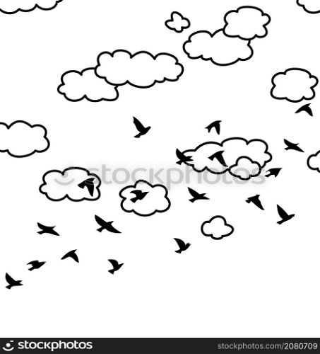 vector black and white drawing of flock of flying birds and clouds in the sky