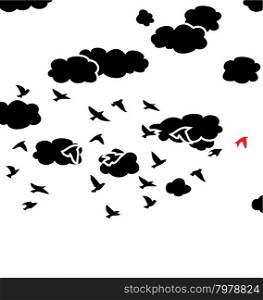 vector black and white drawing of flock of flying birds and clouds in the sky
