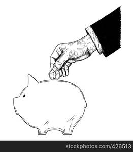 Vector black and white drawing of hand of businessman in suit putting coin in piggy bank. Metaphor of corporate investment and finance.. Vector Drawing of Hand of Businessman in Suit Putting Coin in Piggy bank