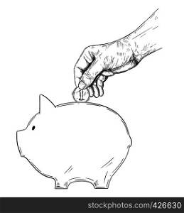 Vector black and white drawing of hand putting coin in piggy bank. Metaphor of investment and finance.. Vector Drawing of Hand Putting Coin in Piggy bank