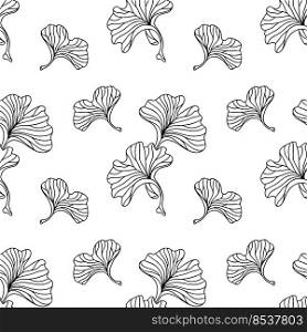 Vector black and white hand-drawn seamless pattern of Ginkgo tree leaves