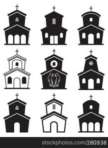 vector black and white icons of church buildings