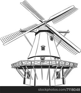 Vector black and white illustration of a windmill.. Vector. The old windmill.