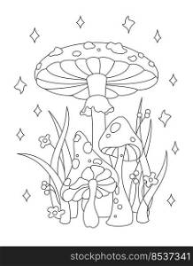 Vector black and white illustration of contours for coloring mushrooms, fly agaric, grass and flowers