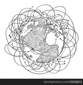 Vector black and white illustration of planet Earth surrounded by Rockets and nuclear explosions. Concept of nuclear war.. Vector Cartoon Illustration of Planet Earth Surrounded by Nuclear Rockets and Explosions, Nuclear War Concept