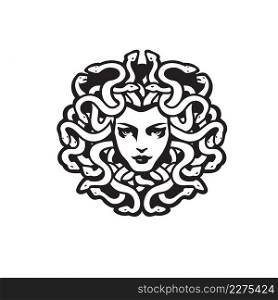 Vector Black and White Medusa Gorgon Woman Head with snakes Illustration, Medusa greek myth creature vector illustration