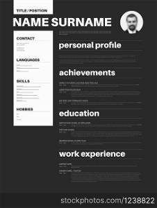 Vector black and white minimalist cv / resume template with nice typogrgaphy design - inverse version. black and white cv / resume template with nice typography