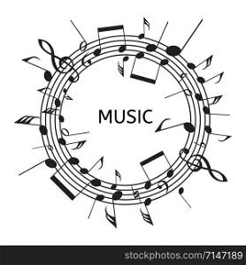 vector black and white round background with staves and music notes. abstract illustration of classical music note symbols with text