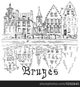 Vector black and white scenic city view of Bruges canal with beautiful medieval houses, Belgium. Bruges canal with beautiful houses