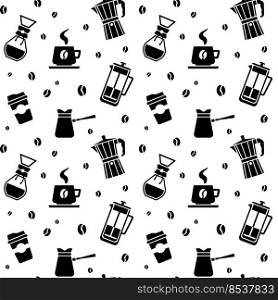 Vector black and white seamless pattern coffee cup, geyser coffee maker, coffee beans, french press, kemex