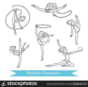 Vector black and white set of rhythmic gymnastics.  Cartoon girl with the ball, with clubs, ribbon, skipping rope and hoop