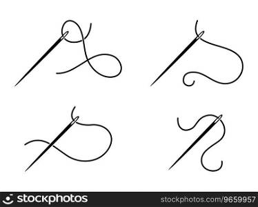 vector black and white sewing needle and thread isolated on white background. needlework craft symbols. needle sewing illustration