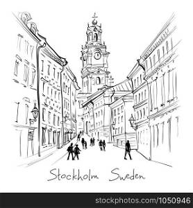 Vector black and white sketch of Church of St Nicholas, Stockholm Cathedral or Storkyrkan, Gamla Stan in Old Town of Stockholm, capital of Sweden. Church Storkyrkan in Stockholm, Sweden