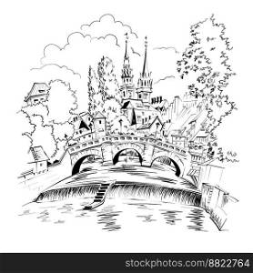 Vector black and white sketch of Old Town of Nuremberg with Max Bridge and St Laurence church, Bavaria, Germany. Nuremberg, Bavaria, Germany