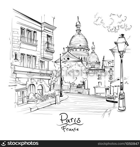 Vector black and white sketch of the Place du Tertre and the Sacre-Coeur, quarter Montmartre in Paris, France. Montmartre in Paris, France