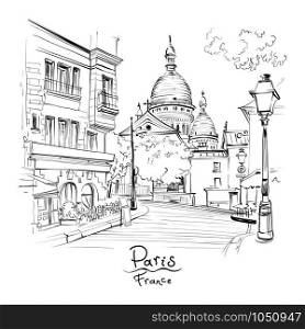 Vector black and white sketch of the Place du Tertre and the Sacre-Coeur, quarter Montmartre in Paris, France. Montmartre in Paris, France