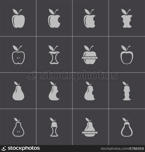Vector black apple and pear icons set on grey background. Vector black apple and pear icons set