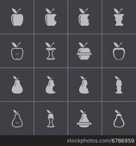 Vector black apple and pear icons set on grey background. Vector black apple and pear icons set