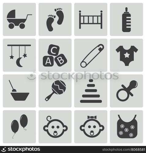 Vector black baby icons set on white background. Vector black baby icons set