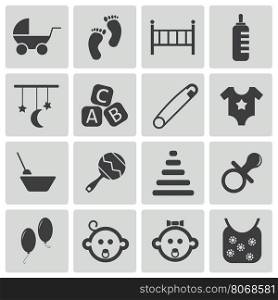 Vector black baby icons set on white background. Vector black baby icons set
