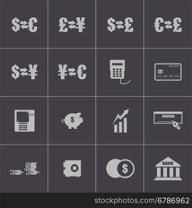 Vector black bank icons set on grey background. Vector black bank icons set